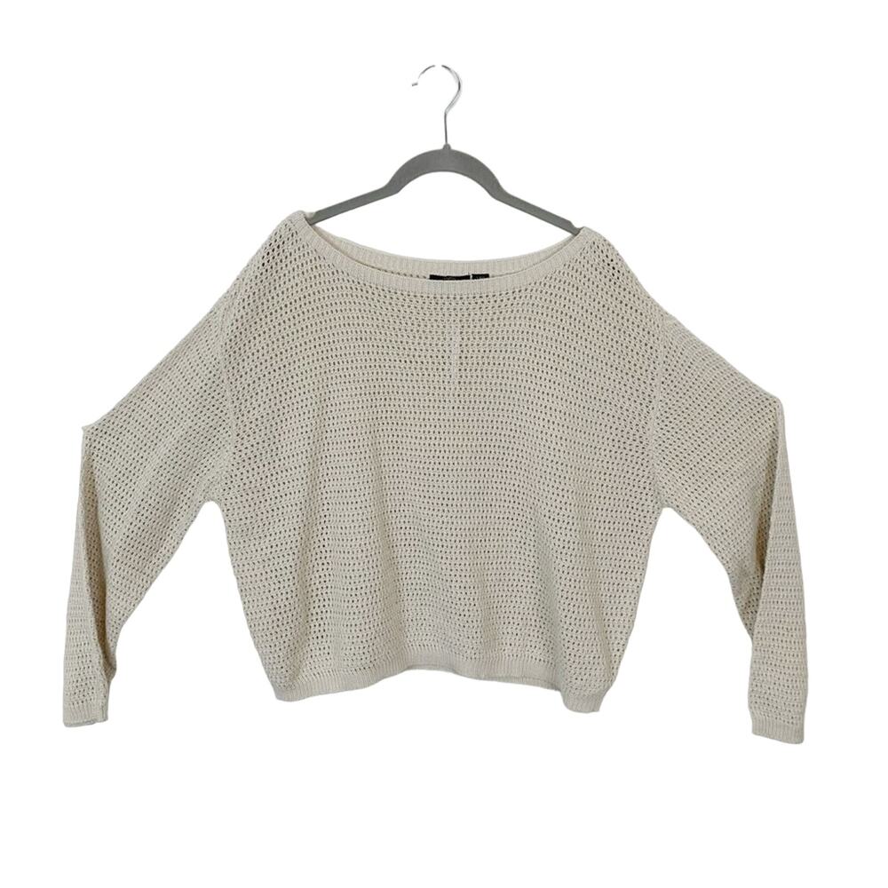 RDI Crop Sweater New Open Knit Cotton Blend Pullover Cream Tan Size L NWT